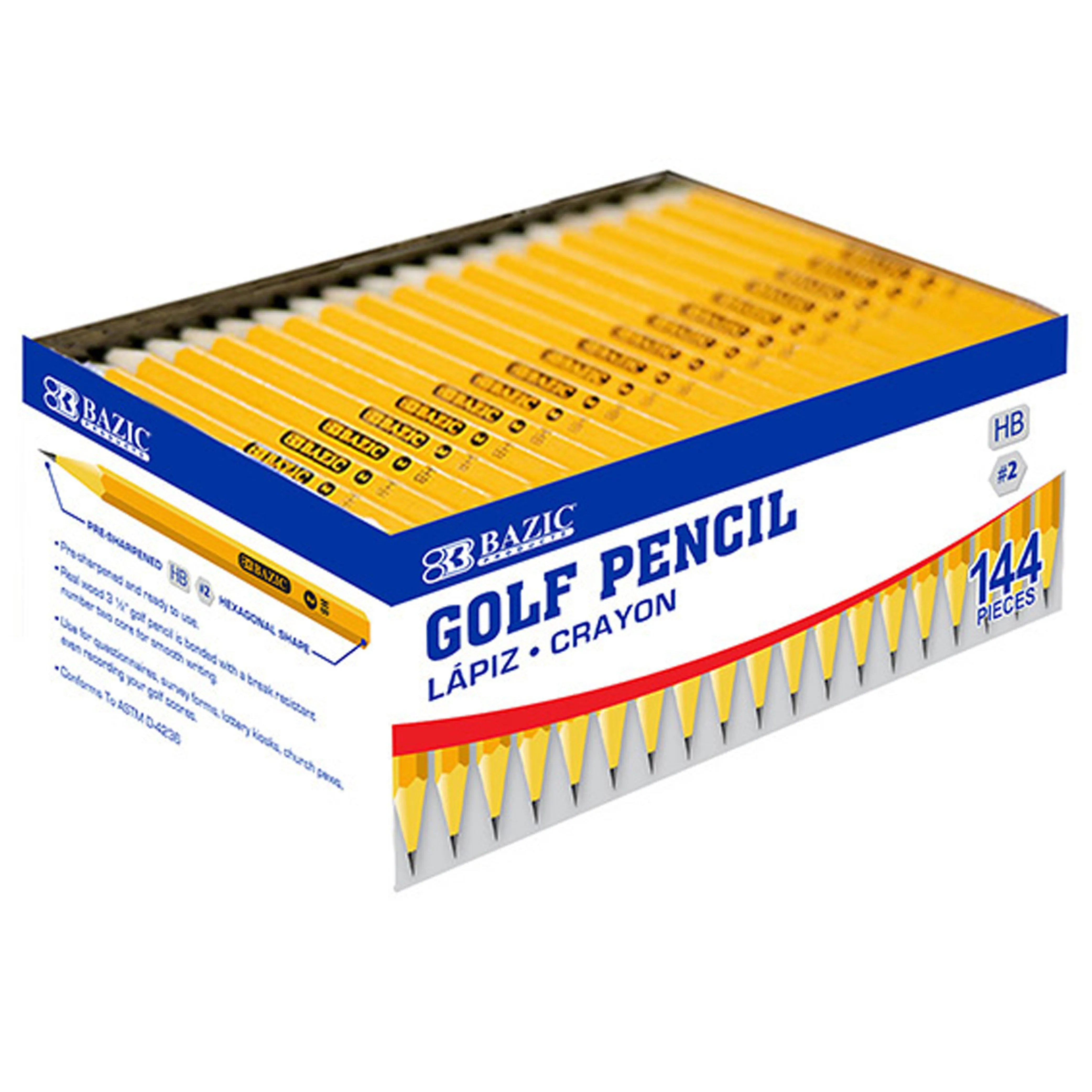 288 X BAZIC Golf Pencils #2 HB Half Yellow Mini Small Hexagon Pre-Sharpened Bulk