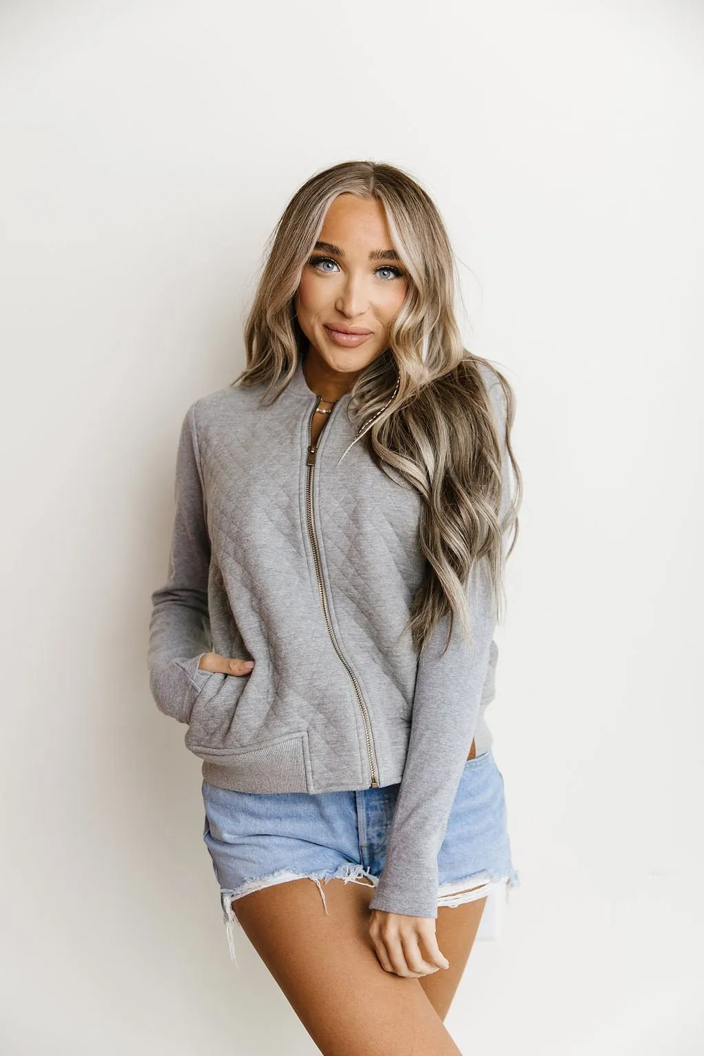Ampersand Ave Ladies Grey Quilted Bomber Jacket