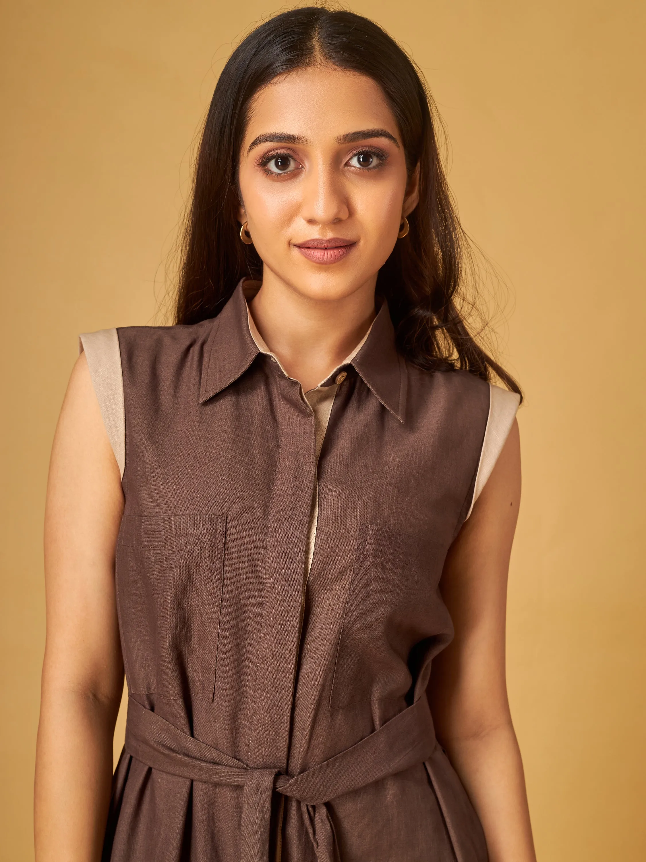 Black Olive Cotton Linen Front Tie Shirt Dress