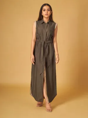 Black Olive Cotton Linen Front Tie Shirt Dress