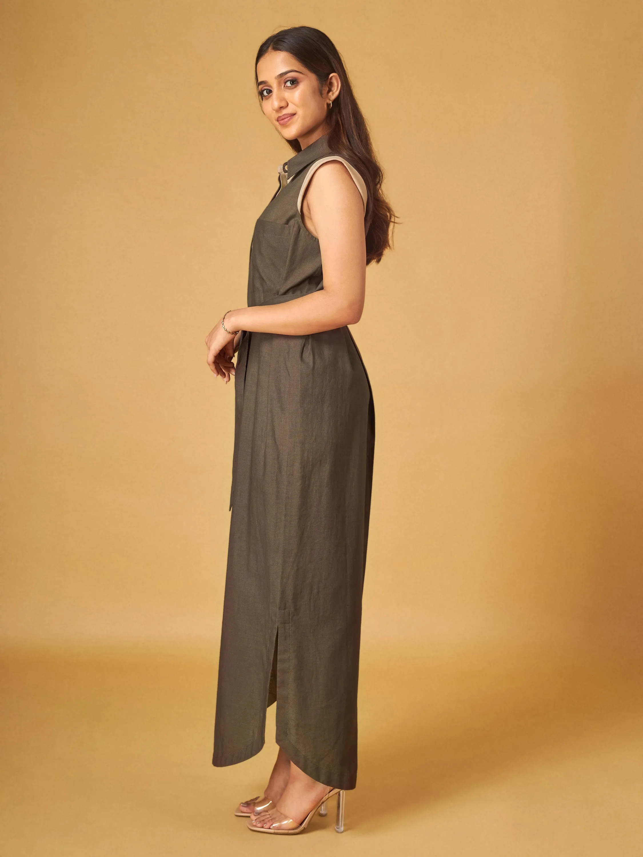 Black Olive Cotton Linen Front Tie Shirt Dress