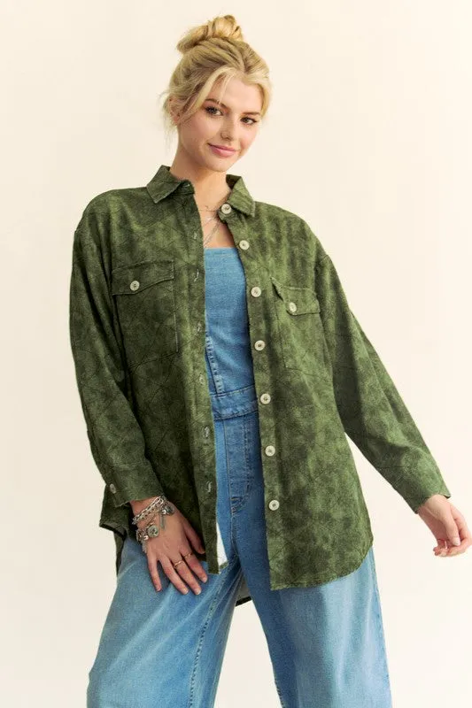Curved Hem Diamond Quilted Button Up Shacket