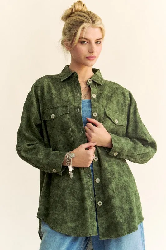 Curved Hem Diamond Quilted Button Up Shacket
