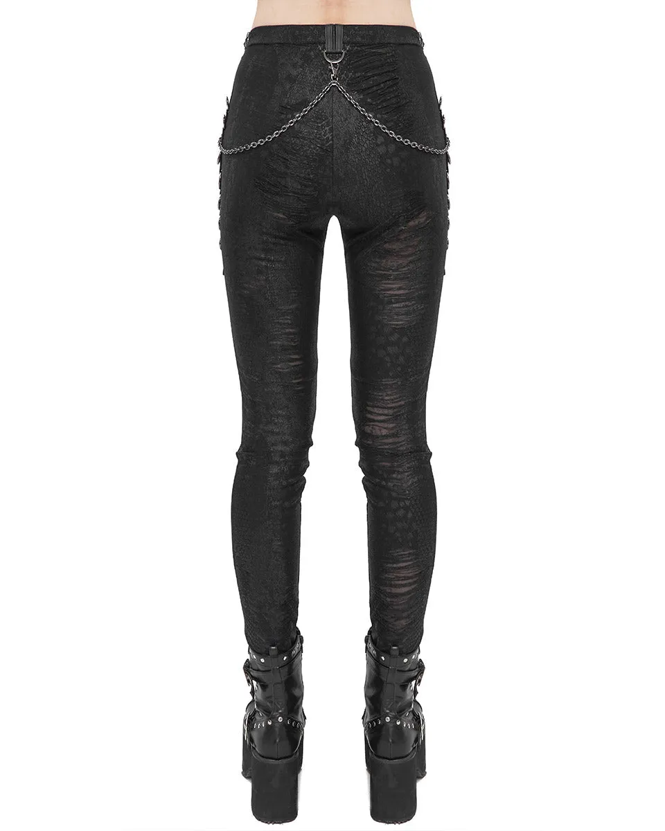 Devil Fashion Womens Dystopian Punk Chained Broken Knit Leggings