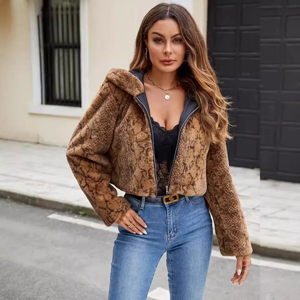 Hooded Faux Fur Leopard Plush Short Coat