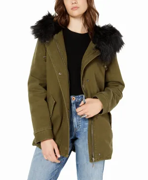 Juniors' Leopard-Print Faux-Fur-Trim Hooded Jacket