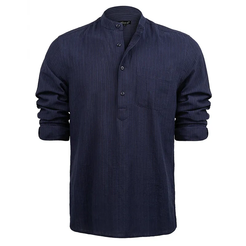 Men's Henley Shirt Long Sleeve Cotton Viscose Solid Button-Down Casual Beach Shirt with Pocket-102