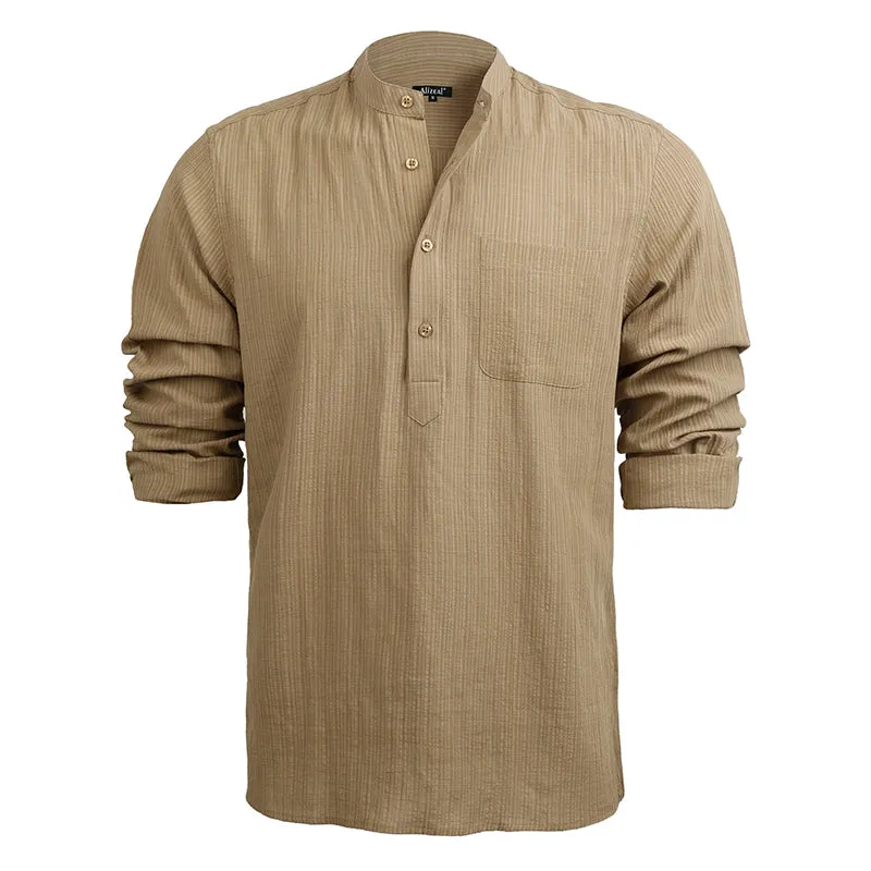 Men's Henley Shirt Long Sleeve Cotton Viscose Solid Button-Down Casual Beach Shirt with Pocket-102