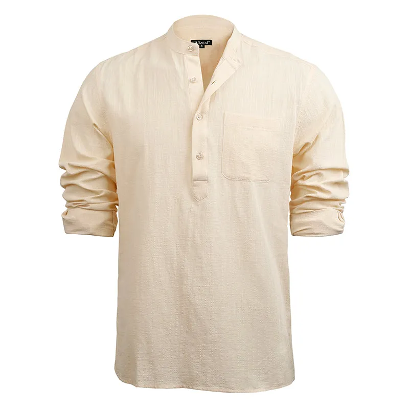 Men's Henley Shirt Long Sleeve Cotton Viscose Solid Button-Down Casual Beach Shirt with Pocket-102