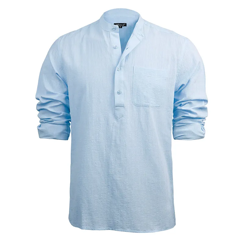 Men's Henley Shirt Long Sleeve Cotton Viscose Solid Button-Down Casual Beach Shirt with Pocket-102