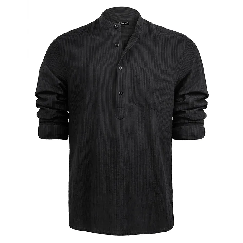 Men's Henley Shirt Long Sleeve Cotton Viscose Solid Button-Down Casual Beach Shirt with Pocket-102