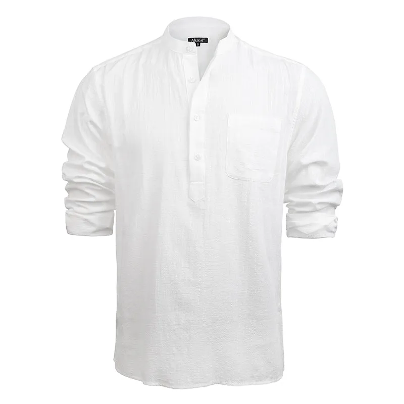 Men's Henley Shirt Long Sleeve Cotton Viscose Solid Button-Down Casual Beach Shirt with Pocket-102