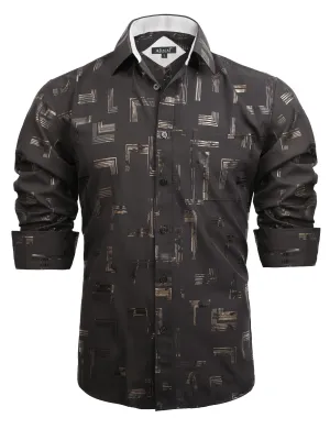Men's Lapel Bronzing Shirt Casual Slim Fit Shiny Pattern Button-Down Long Sleeve Shirt, 009-Space