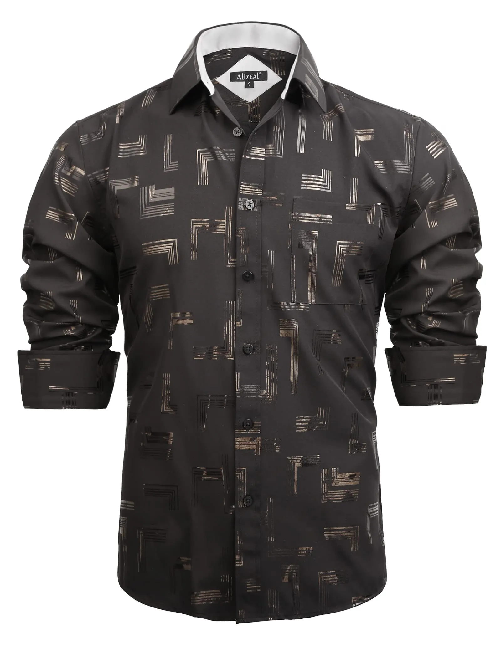 Men's Lapel Bronzing Shirt Casual Slim Fit Shiny Pattern Button-Down Long Sleeve Shirt, 009-Space