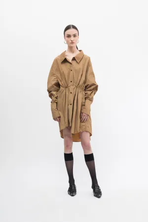 Taffeta Beige Drawstring Shirt Dress