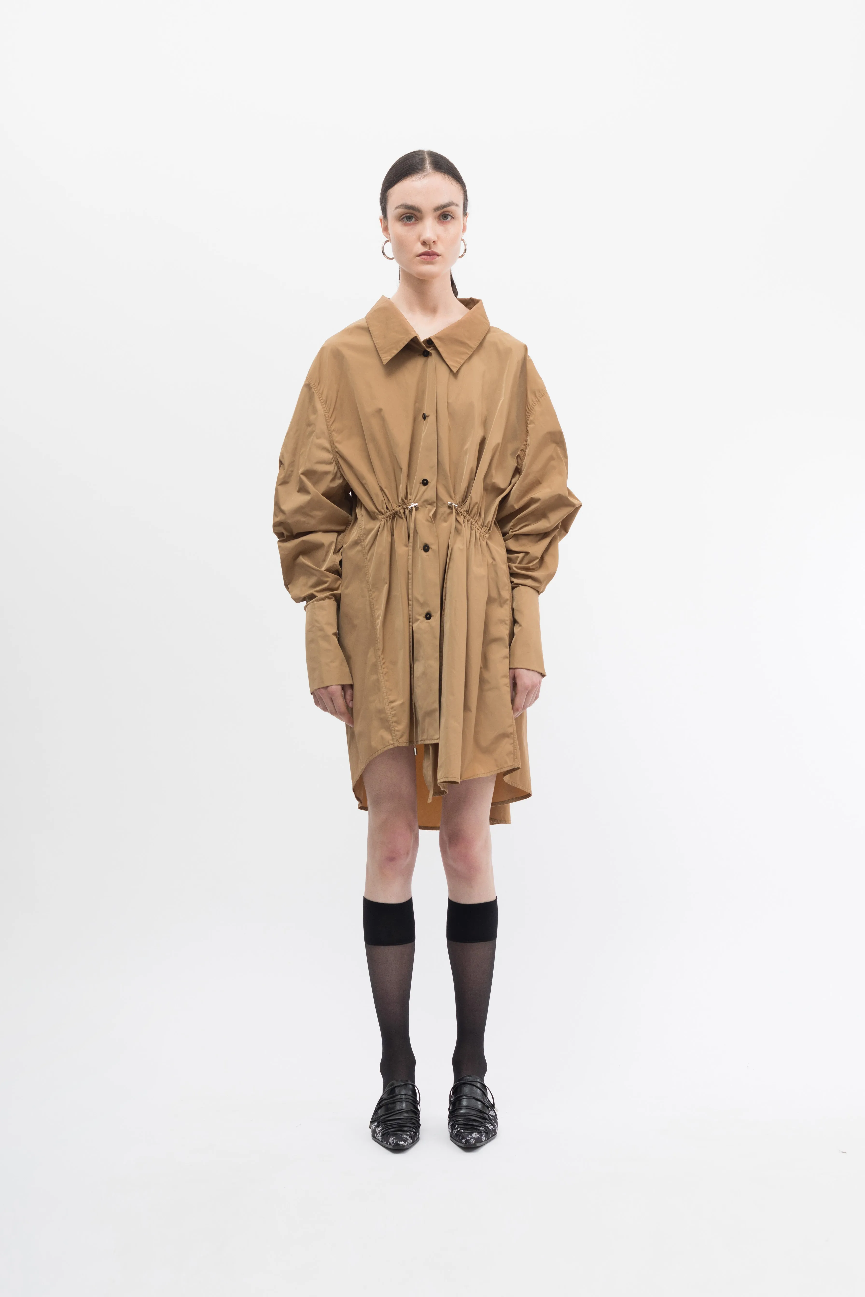Taffeta Beige Drawstring Shirt Dress