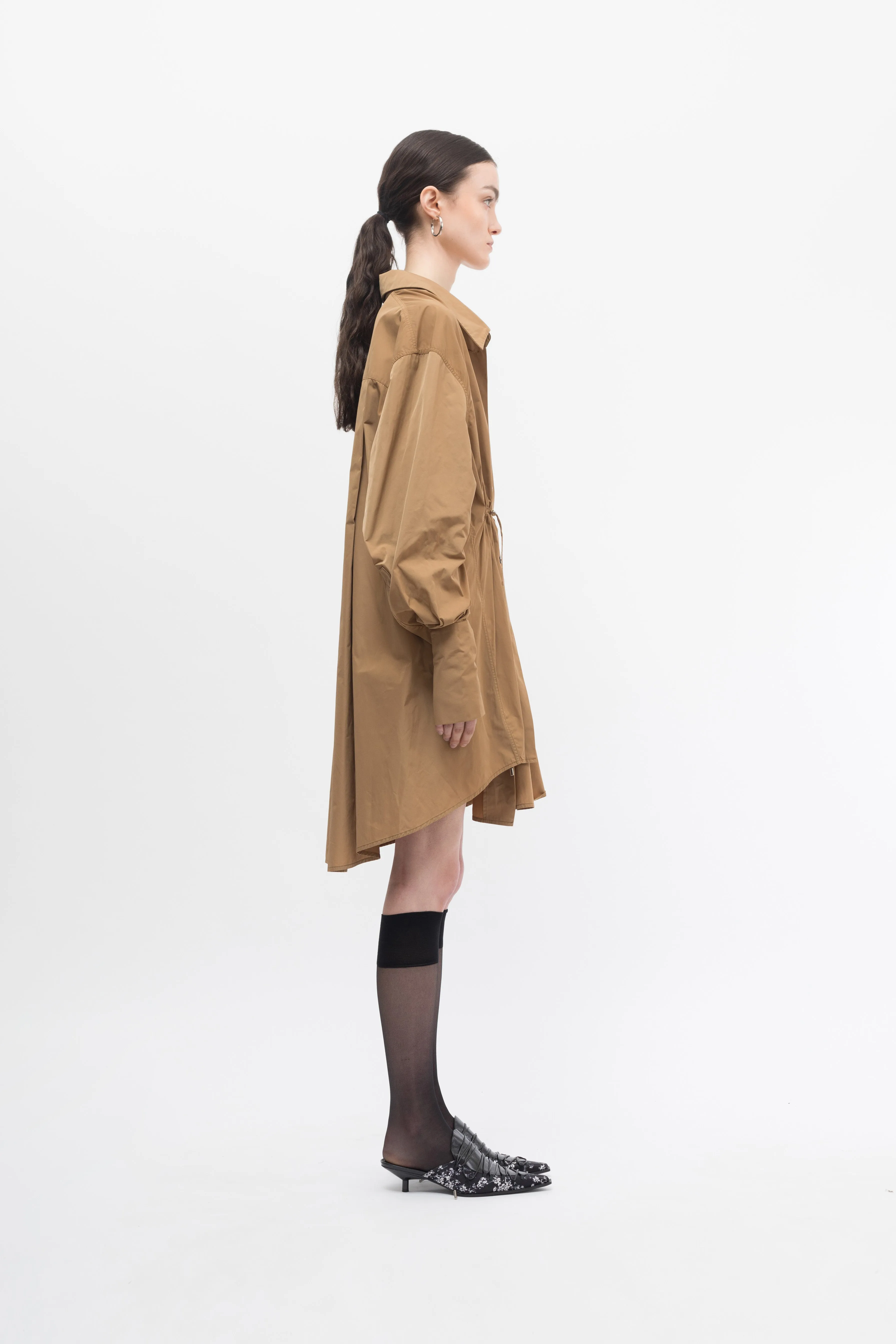 Taffeta Beige Drawstring Shirt Dress