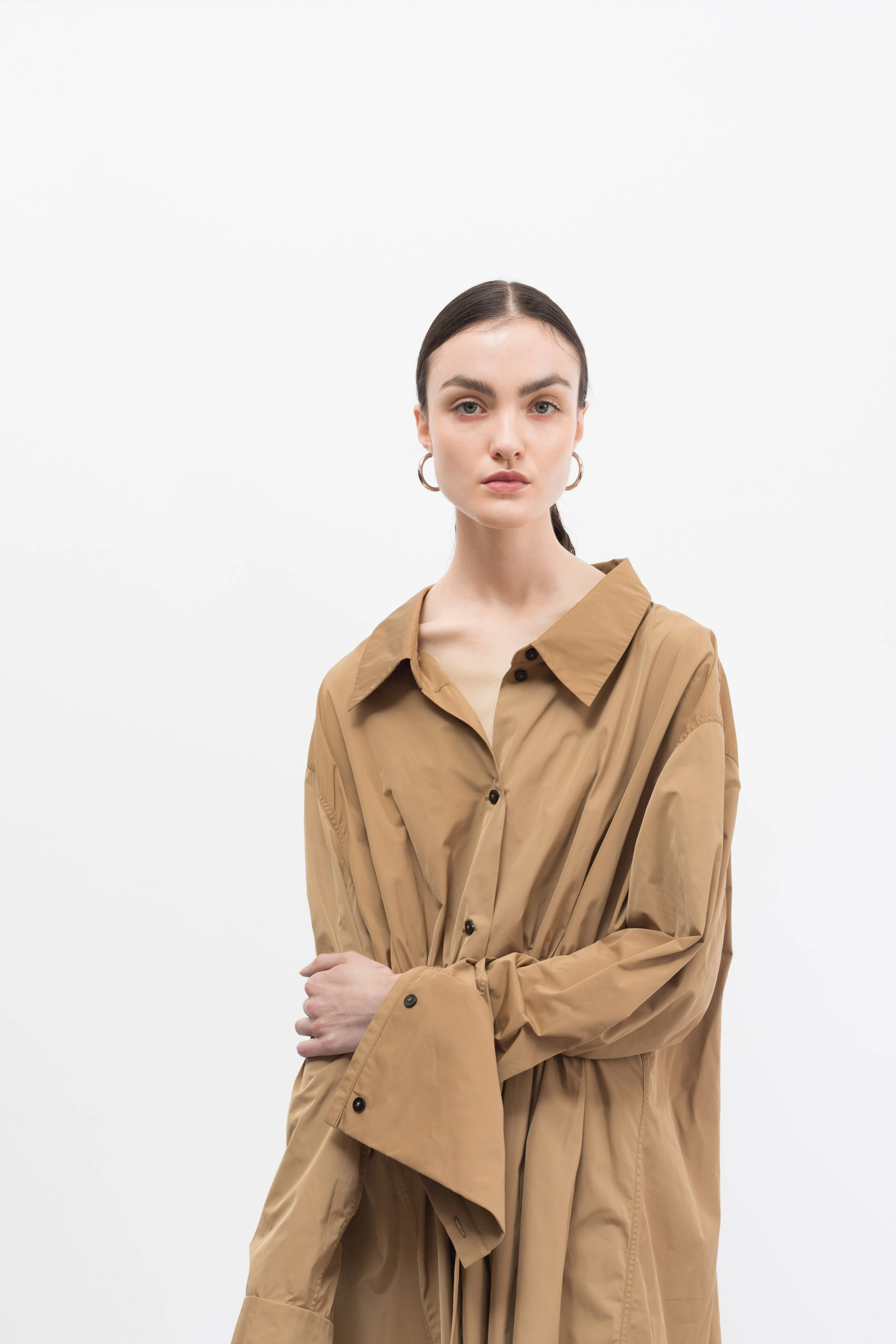 Taffeta Beige Drawstring Shirt Dress