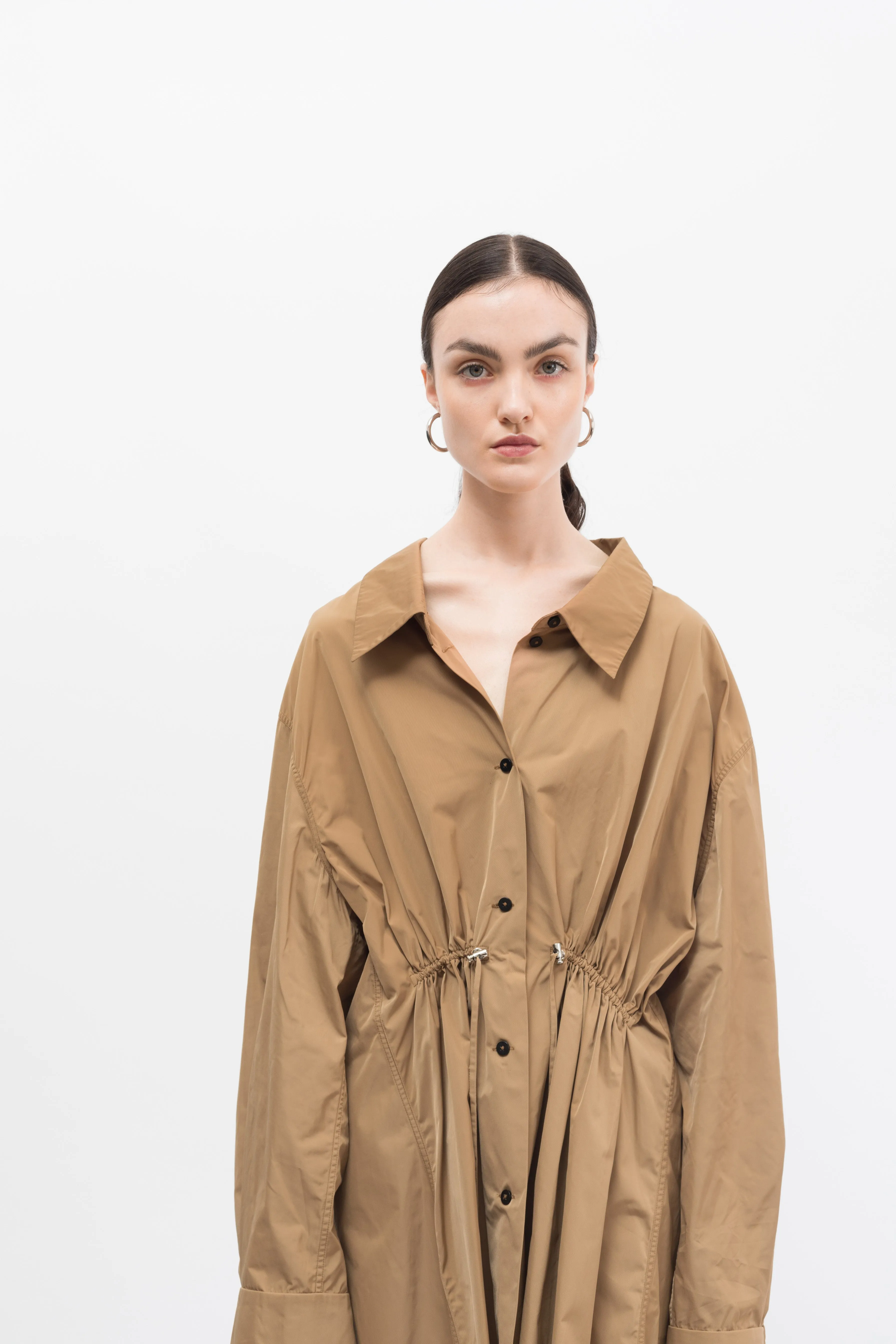 Taffeta Beige Drawstring Shirt Dress