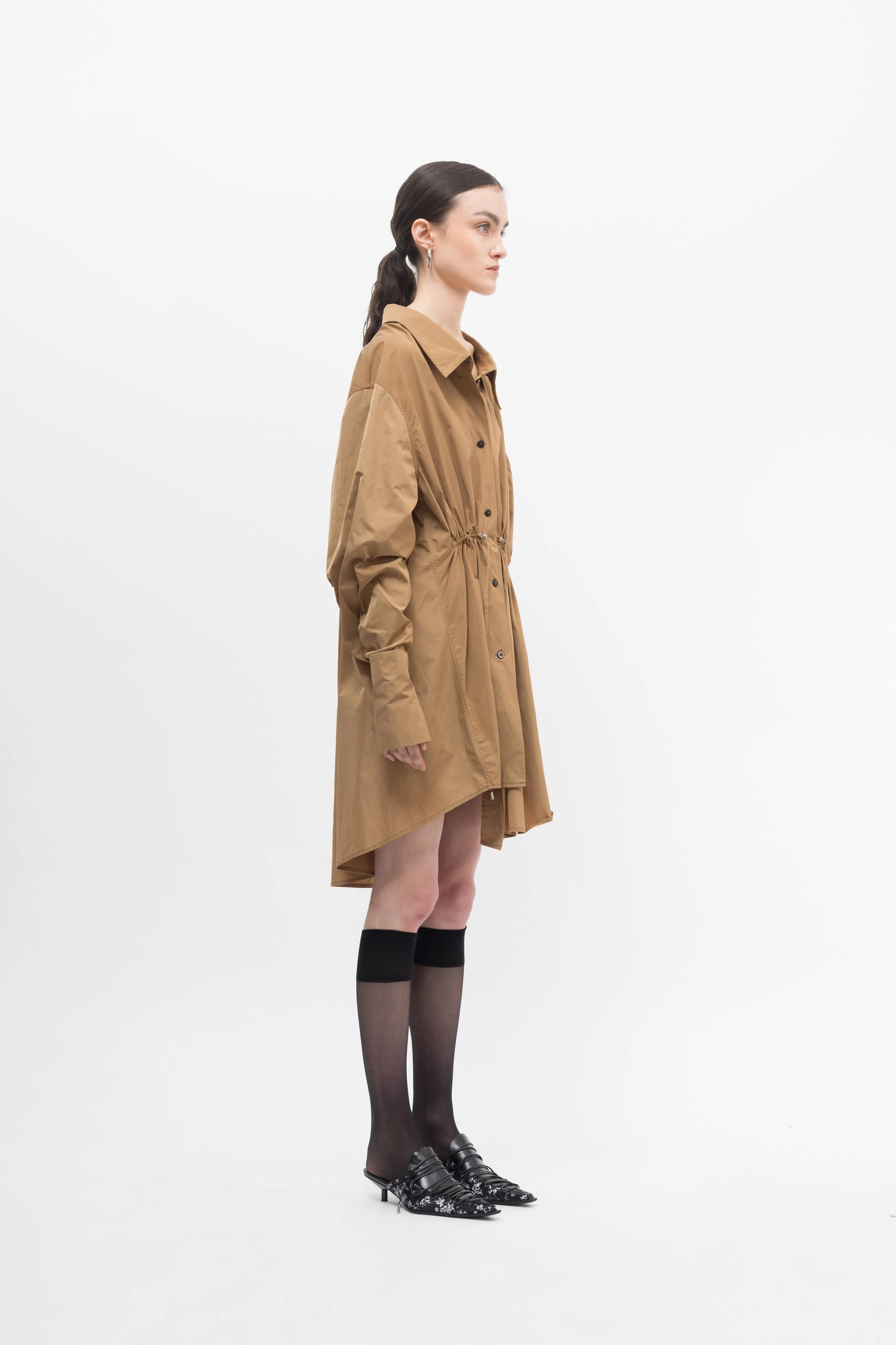Taffeta Beige Drawstring Shirt Dress