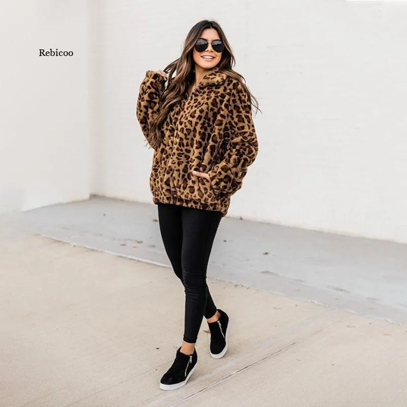 Turn-Down Collar Faux Fur Leopard Printed Jacket