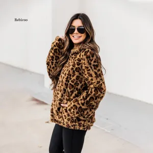 Turn-Down Collar Faux Fur Leopard Printed Jacket
