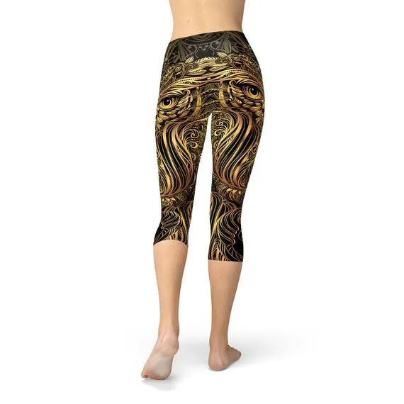 Women's Golden Ornament Owl Capri Leggings