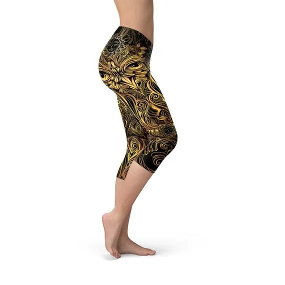 Women's Golden Ornament Owl Capri Leggings
