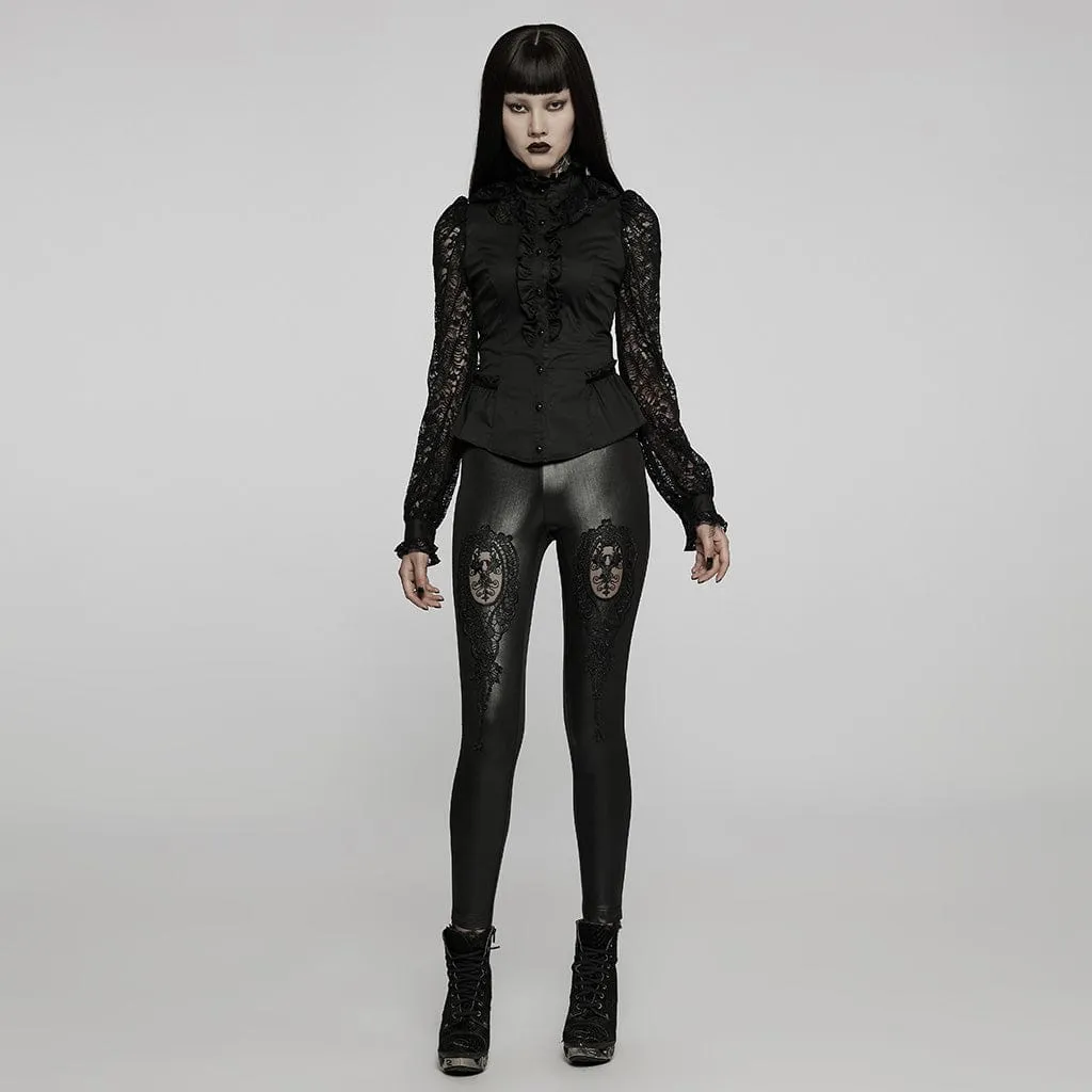 Women's Gothic Floral Applique Faux Leather Leggings