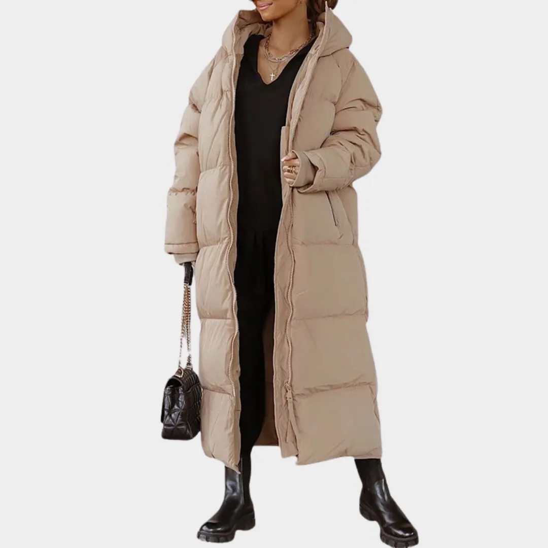 Women's Long Down Overcoat  Hooded  Warm & Insulated  Loose Fit  Zipper & Pockets  Mid-Calf Length  Multiple Colours