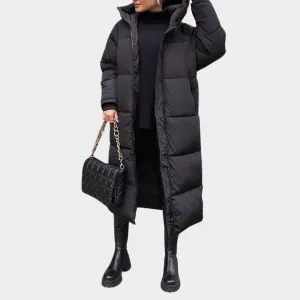 Women's Long Down Overcoat  Hooded  Warm & Insulated  Loose Fit  Zipper & Pockets  Mid-Calf Length  Multiple Colours
