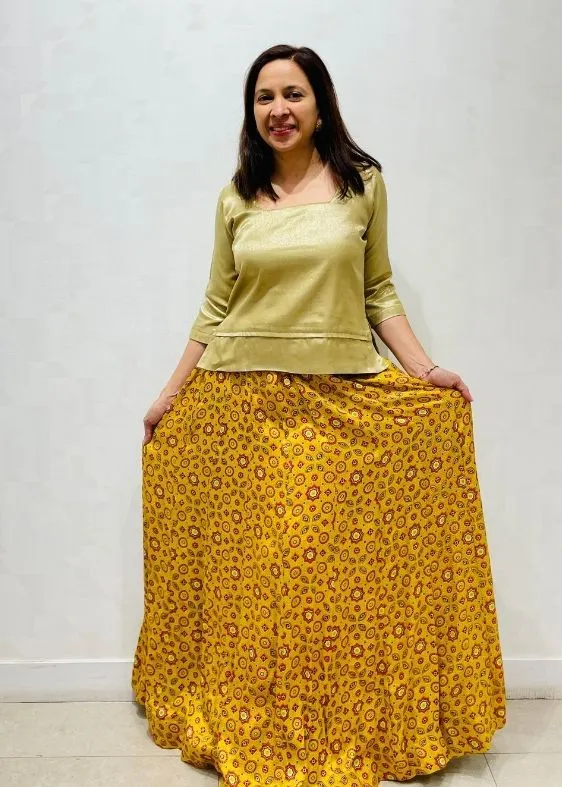 Yellow Ajrakh print Mushroosilk Skirt